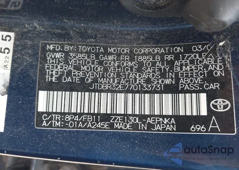 2007 Toyota Corolla Le from USA, damaged, VIN JTDBR32E770133731